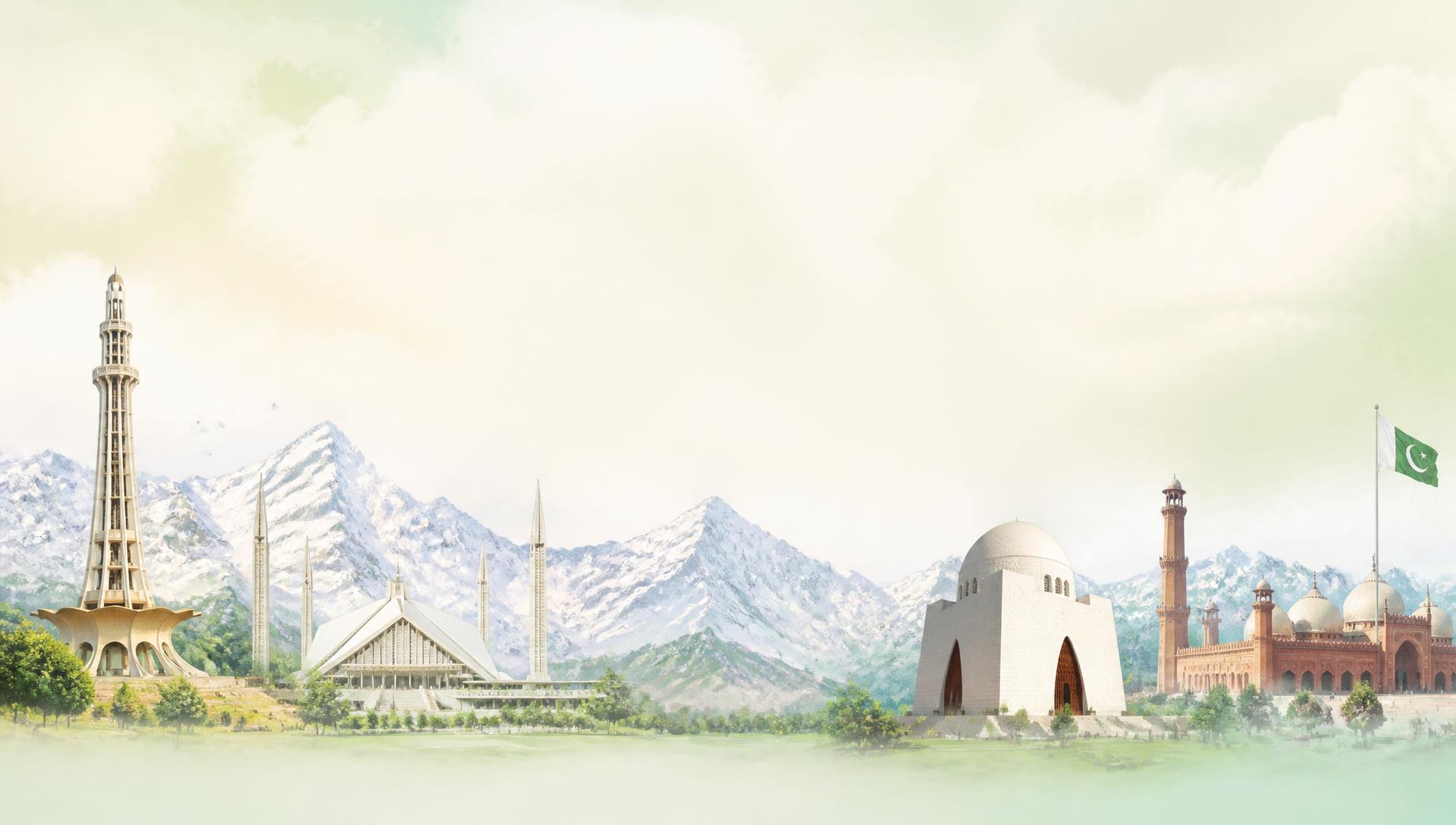 Pakistan landmarks with Faisal Mosque, Minar-e-Pakistan and northern mountains