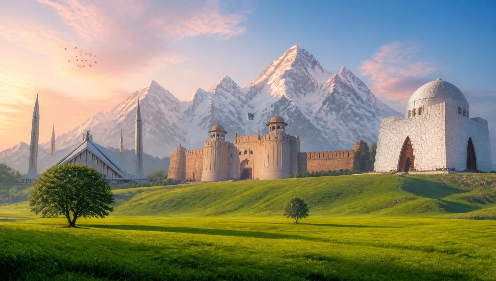 Lahore Fort and Mazar-e-Quaid at dawn with green fields